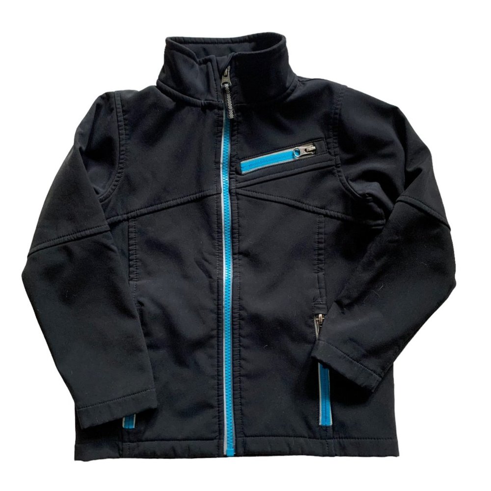 Lands' End Kids Fleece Lined Jacket size Small 4 Black Blue Zip Trim Wind Resist